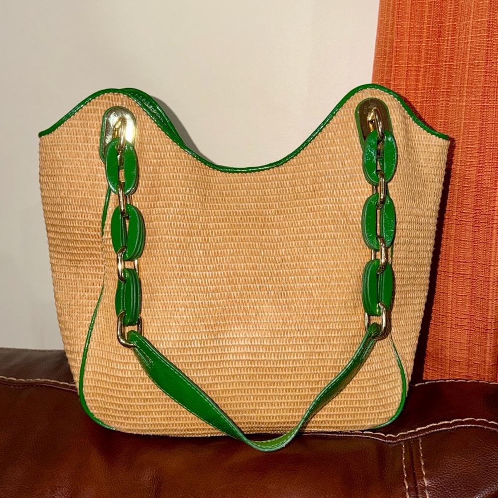 🔥🔥🔥Michael Kors Green Leather Trim Straw Wicker Shoulder Bag